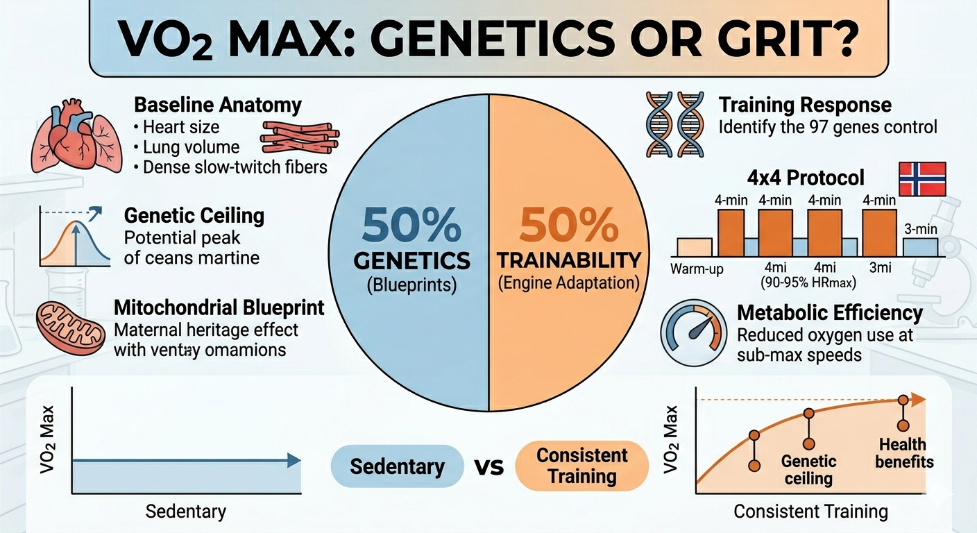 VO2 Max: Genetics or Grit? Infographic showing the 50/50 split between genetic blueprints and trainability, baseline anatomy factors, the 4x4 protocol chart, and VO2 Max training curves.